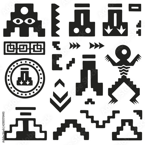 Vector monochrome set of native american symbols. Pattern totem of the peoples of Central and South America, Aztecs, Maya, Incas. white background