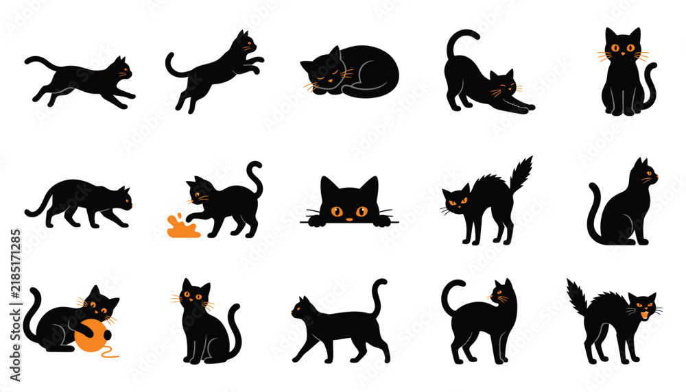 Obraz premium Set of black cats in various poses and actions for halloween design with black cat silhouettes jumping cat sitting cat playing walking cat