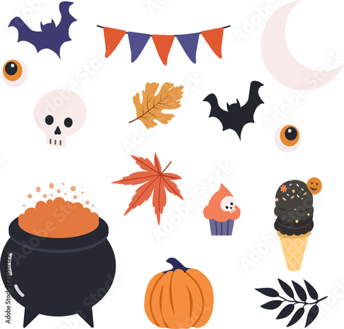 Halloween cute elements set pumpkin, bat, skull, witch cauldron, eyes, flags, ice cream, moon, autumn leaves, cake etc. Cartoon flat style. Vector illustration