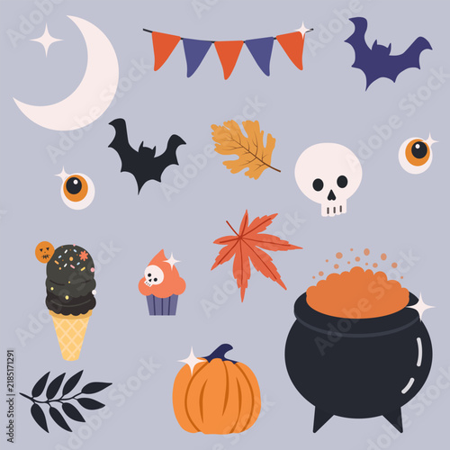 Halloween cute elements set pumpkin, bat, skull, witch cauldron, eyes, flags, ice cream, moon, autumn leaves, cake etc. Cartoon flat style. Vector illustration