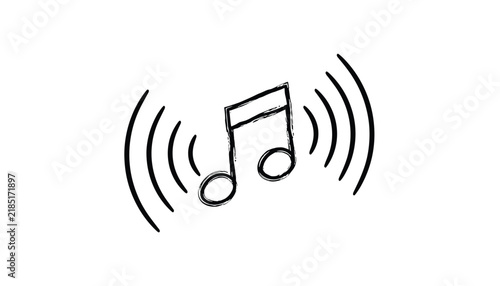 Simple hand drawn sketch of a musical note with vibrating sound waves around it symbolizing audio or music.