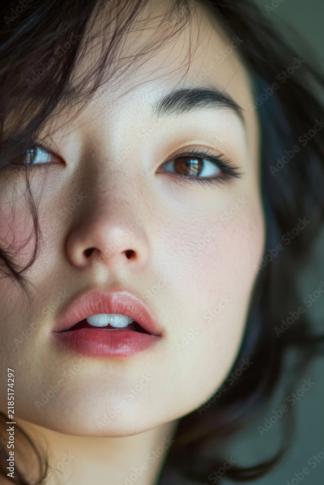 Fototapeta premium A close-up shot of a woman's face with her hair blowing in the wind. vertical frame