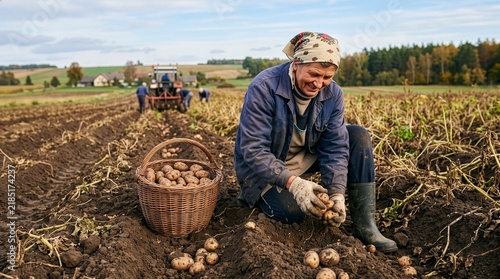 Tapety artystyczne Traditional Potato Harvest in the Countryside.