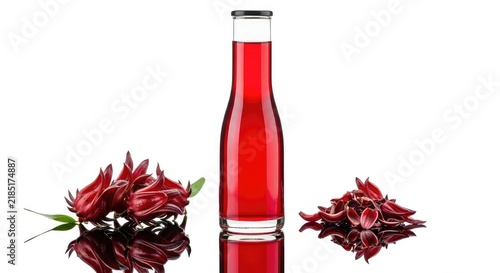 A futuristic sleek bottle containing vibrant red roselle herbal juice sits next to fresh calyces and dried petals on a reflective surface, tea, infusion, calyx