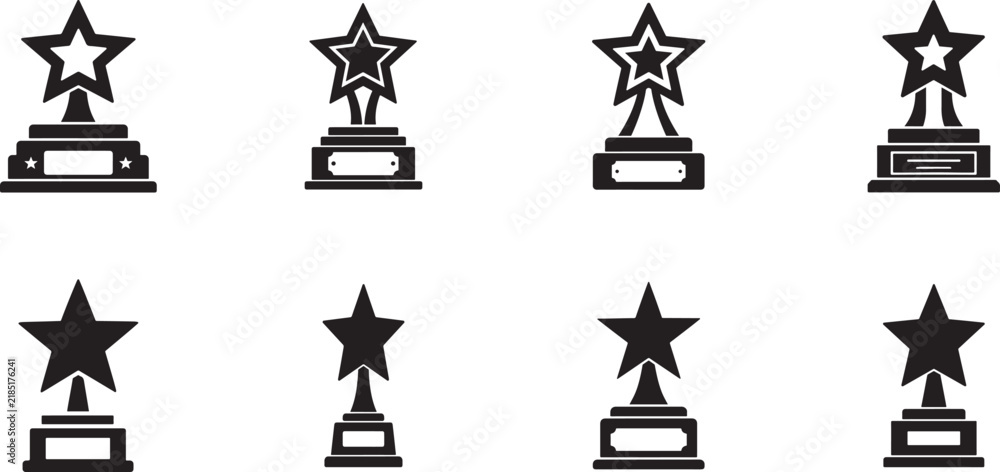 Naklejka premium Black star trophies on pedestals in silhouette style for iconic awards, victory, achievement and success