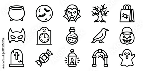 Set of fifteen black and white thin line vector icons representing various traditional symbols for the halloween holiday season