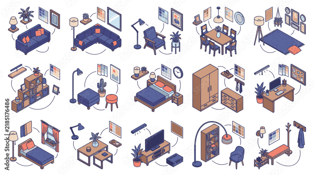 Fototapeta premium Modern Illustrated Isometric Infographic Showing Smart Home Device Placements in Various Rooms with Blue and Orange Color Scheme