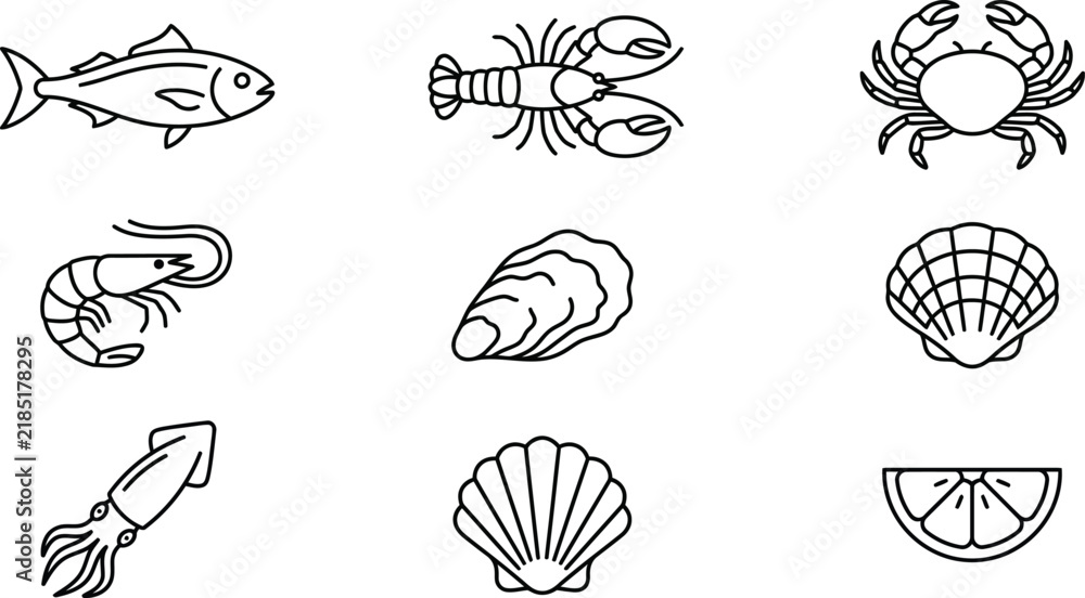 Obraz premium A collection of seafood monoline icons featuring various marine life