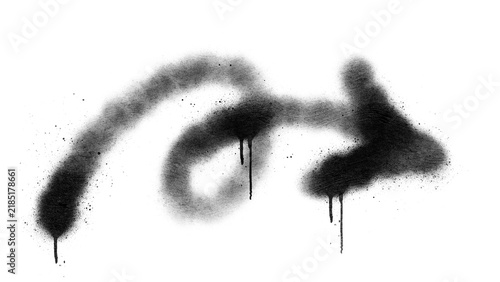 Black spray paint drip curved loop arrow pointing right isolated on white background. Abstract aerosol graffiti tag directional sign clip art for streetwear and poster design.