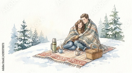 Watercolor illustration of couple man and woman hugging under blanket at cozy winter picnic in forest with thermos, mugs and picnic basket. Romantic outdoor lifestyle, love and warmth concept.