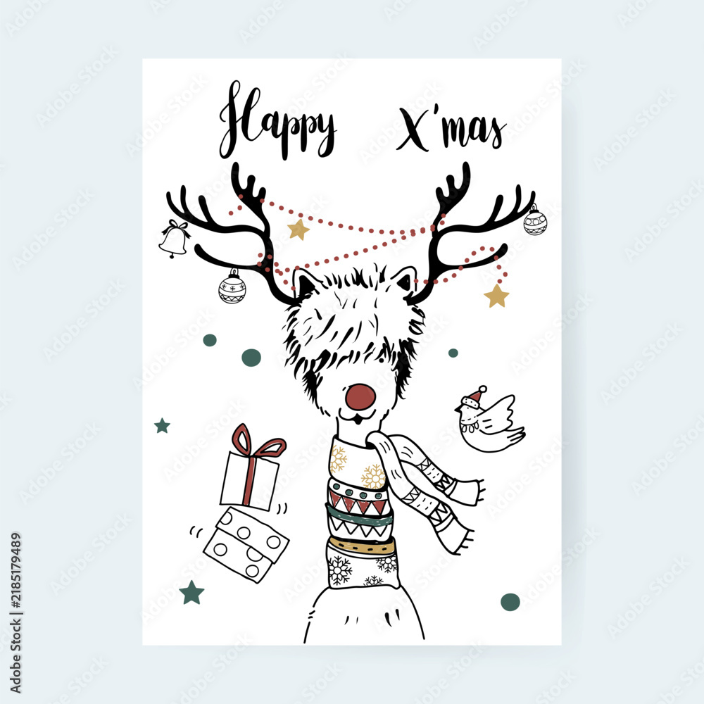 Fototapeta premium Hand drawn reindeer alpaca enjoying a Christmas holiday
