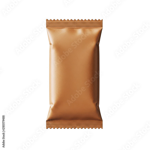 Single blank brown foil snack package or candy wrapper with crimped edges isolated on transparent background for food branding.