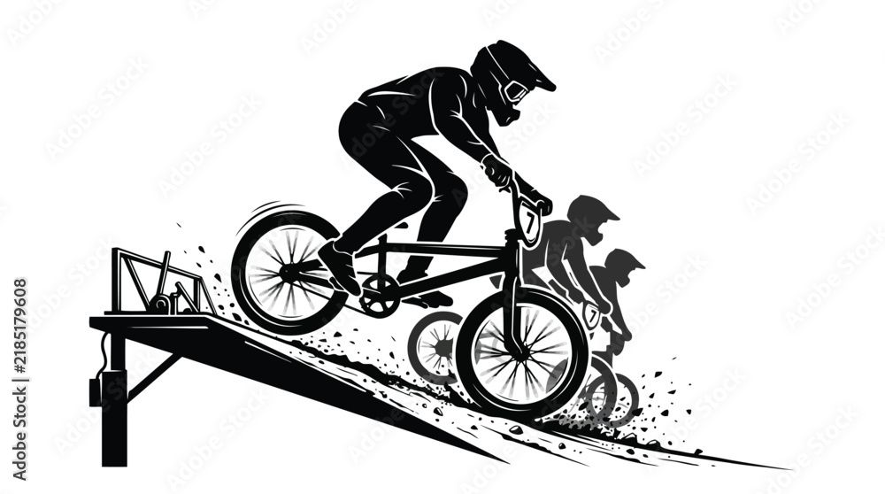 Obraz premium BMX cyclists racing down dirt track ramp vector action sports graphic