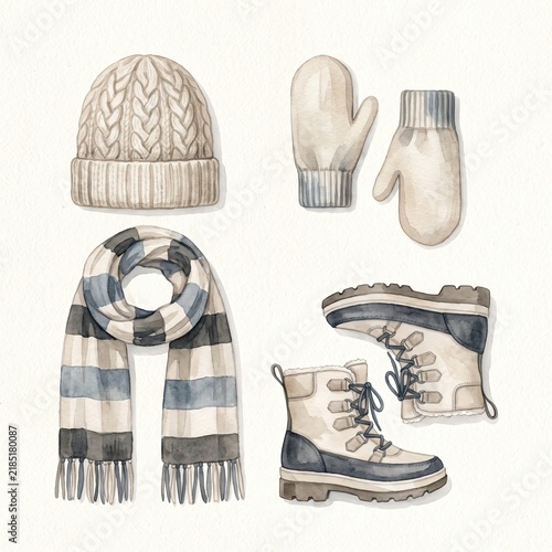 Watercolor illustration of winter accessories. Knitted wool hat, warm mittens, striped scarf and snow boots on white background. Cozy seasonal clothing set for cold weather fashion and holiday design.