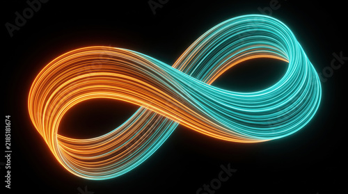 Glowing infinity symbol made of light trails on black background.
