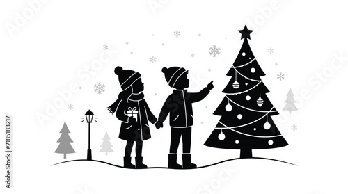 Children admiring christmas tree with gifts black silhouette
