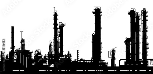 Black silhouette of an industrial oil refinery with distillation towers, pipes, tanks, and processing equipment isolated on white.
