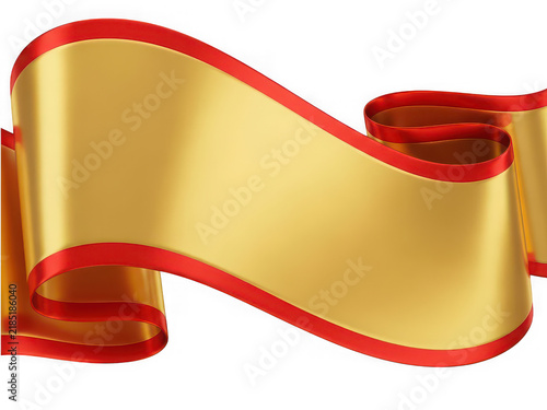 Shiny gold ribbon banner with red edges isolated on transparent background