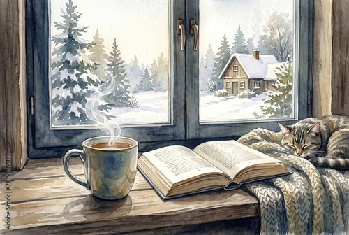 Watercolor illustration of cup of tea and open book on windowsill with sleeping cat under blanket. Snowy landscape with house and forest outside window. Cozy hygge atmosphere concept for greeting card
