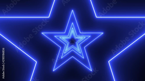 Blue neon star tunnel motion background, glowing geometric shape animation, abstract digital light effect for party, celebration, and futuristic visual.