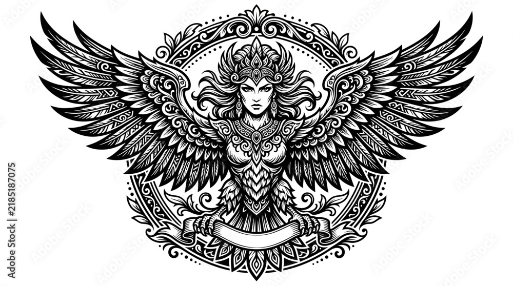 Fototapeta premium Mythical Winged Woman Emblem, Ornate Heraldic Design with Banner, Isolated Black and White Illustration