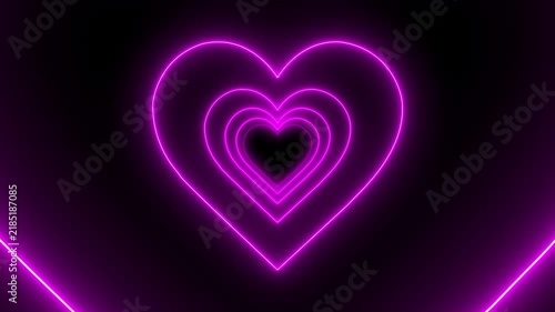 Neon purple heart tunnel animation, glowing romantic love background, abstract pulsing heart shape motion.