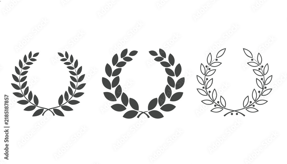 Obraz premium Collection of three laurel wreath designs in silhouette and outline styles signifies victory, achievement, and classic heraldic traditions.