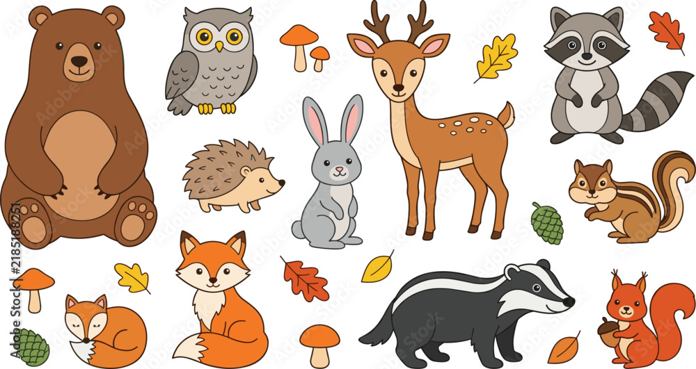 Obraz premium Cute Woodland Animals Vector Illustration Set featuring Bear Deer Fox Owl Rabbit Raccoon Badger Squirrel and Autumn Forest Elements
