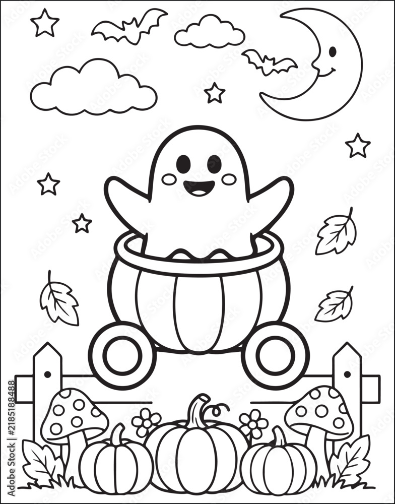 Naklejka premium Ghost in Pumpkin Carriage Illustration, Halloween Coloring Page Design