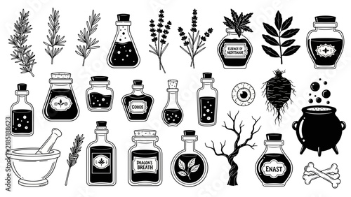 Witchcraft and Alchemy Elements: Potions, Herbs, Mortar, Pestle, Bones, Cauldron, Isolated