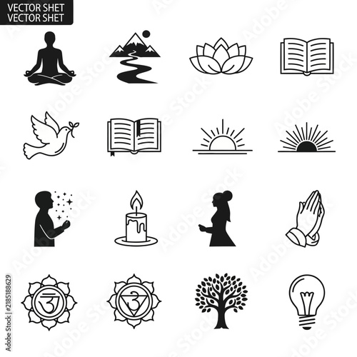 Yoga Meditation, Spirituality, Peace, Nature, Hope, Life Symbols Icons Set