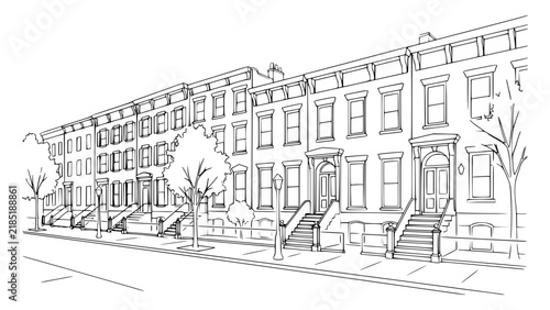 Greenwich Village Brownstone Street Line Art
