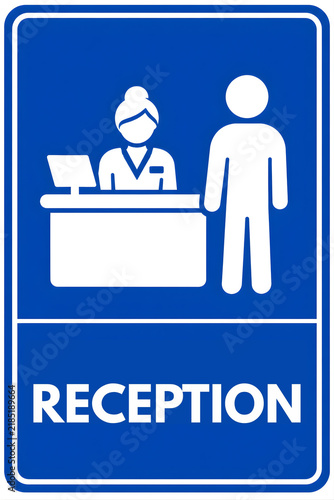 Blue Reception Sign Icon with Desk and Visitor