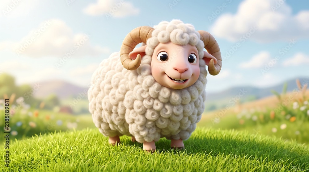 Fototapeta premium Cute 3D ram character in sunny meadow, fluffy white sheep with curved horns, adorable farm animal in green pasture landscape