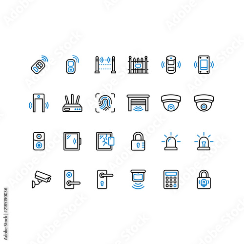 Set of security, surveillance, and access control icons featuring CCTV cameras, smart locks, remote controls, and alarm systems vector illustration.