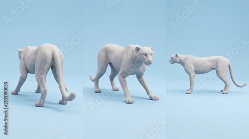 Cheetah character 3D turnaround on blue background. Front, side, back view sleek predator mockup