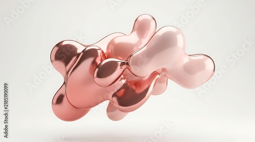 Abstract 3d render of glossy rose gold liquid blobs or metallic organic shapes floating against a clean white background