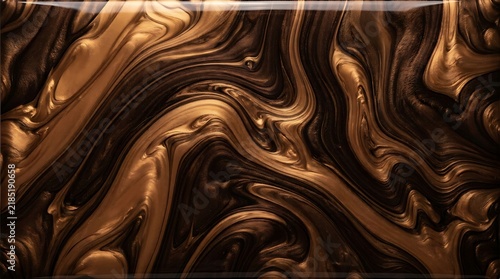 Abstract liquid marble texture with flowing bronze and dark brown metallic paint swirls, elegant luxury background for design projects