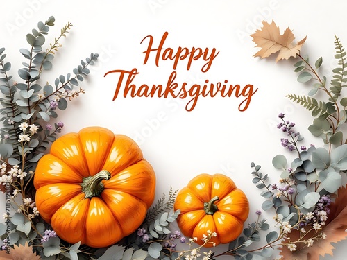 Happy Thanksgiving greeting card with orange pumpkins and autumn floral frame
