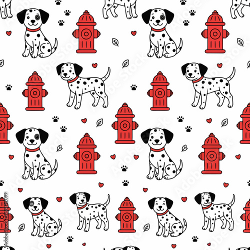 Dalmatian Puppy Seamless Pattern with Red Fire Hydrant and Paw Prints, Cute Cartoon Dog Background for Pet Textile and Nursery Wallpaper Design