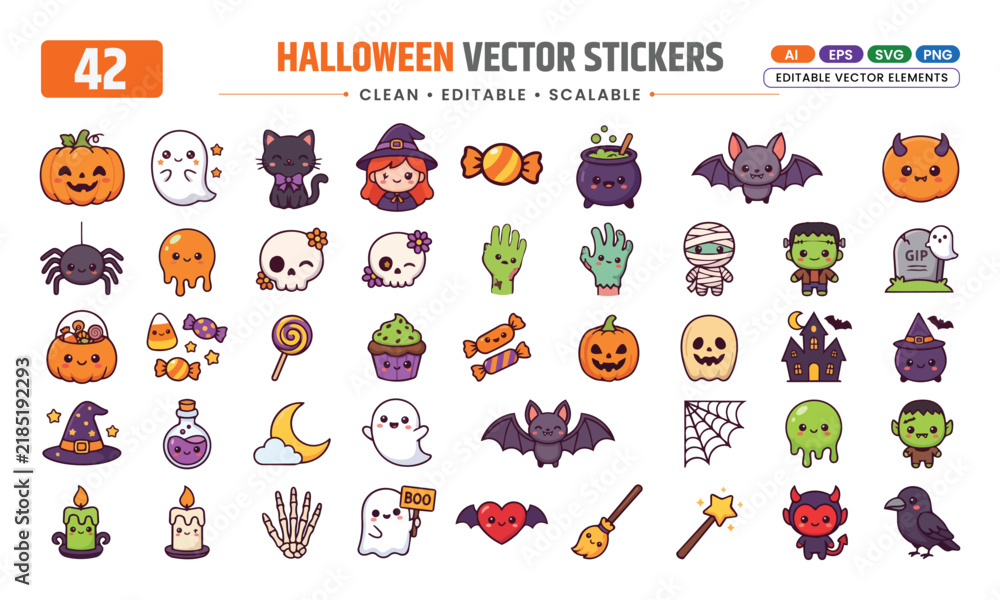 Fototapeta premium Cute Halloween Vector Stickers Set – Kawaii Pumpkin, Ghost, Bat, Witch & Spooky Icons.