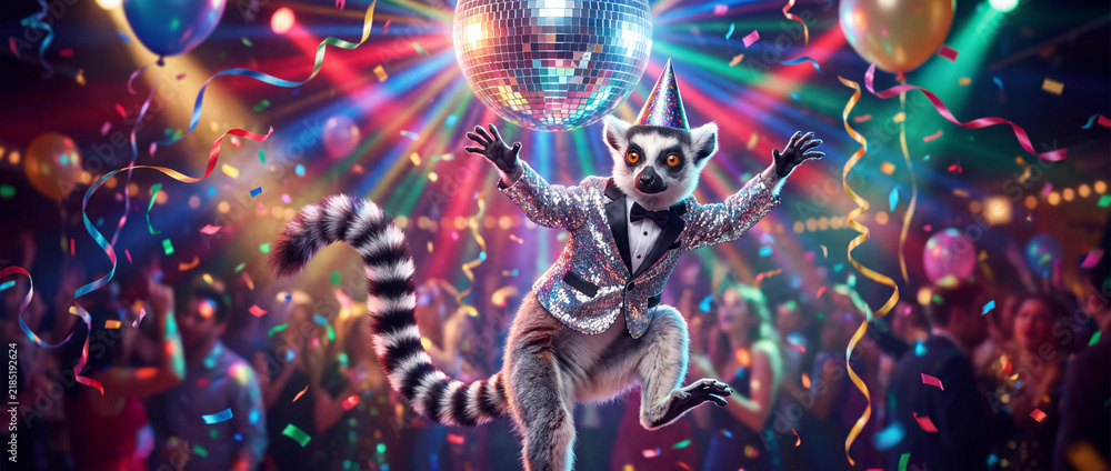 Obraz premium Ring-tailed Lemur in Silver Sequin Tuxedo Dancing at Nightclub Party with Disco Ball and Colorful Lights, Photorealistic Stock Photo