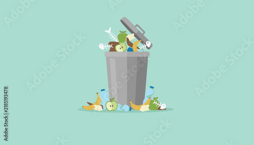 Detailed illustration of an overflowing trash can filled with organic food waste and plastic bottles highlighting environmental issues.