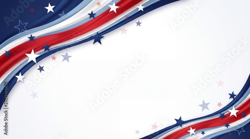Abstract patriotic border design featuring flowing fabric waves and various stars on white background with displays flowing red