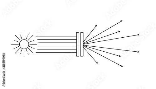 Physics diagram showing light rays from a sun passing through a lens and refracting into multiple directions for optics and education.