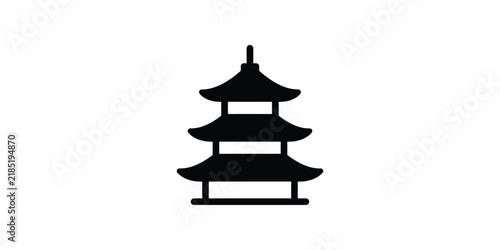 Black silhouette icon of a traditional threetiered Asian pagoda temple.