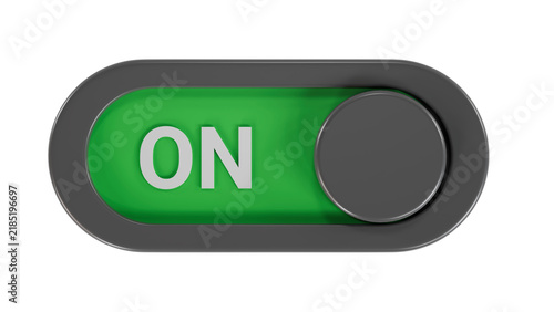 Fotografie Black Realistic ON Toggle Switch Button with Green Background Isolated on Transparent Backdrop in 3D Render