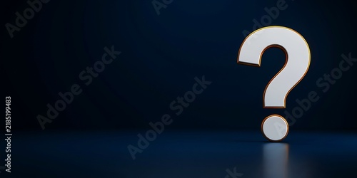 A large white three-dimensional question mark with a thin gold outline, standing on a dark blue reflective surface, representing uncertainty, inquiry, problem solving, or a search for information