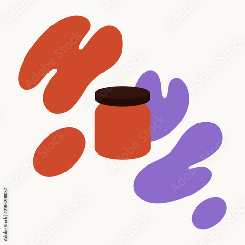 Mid-century modern vector artwork of jam jar with abstract berries in paper cutout style — cozy flat design art print for coastal lifestyle kitchen decor and printable wall art