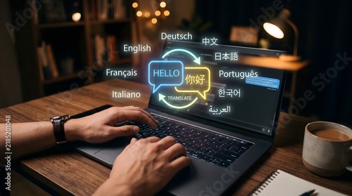 Plakat Person using laptop with digital language translation interface